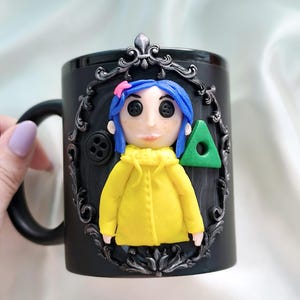 Coraline Mug, Coraline Doll, Polymer Clay Mug, Ceramic Coffee Cups, Mug Handmade, Spooky Mug, Caroline Button Eyes, Gifts Coraline lovers image 7