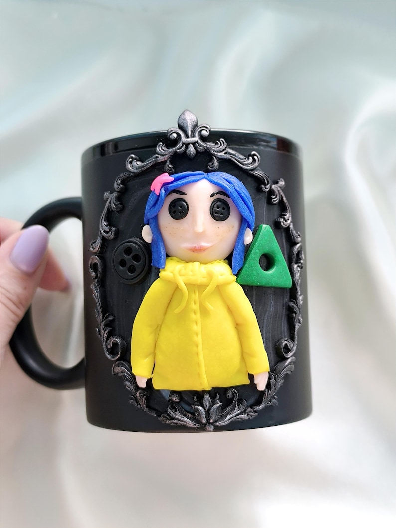 Coraline Mug, Coraline Doll, Polymer Clay Mug, Ceramic Coffee Cups, Mug Handmade, Spooky Mug, Caroline Button Eyes, Gifts Coraline lovers image 7
