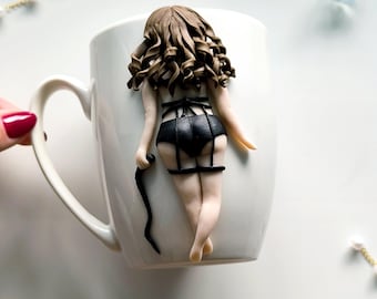 Taza de cerámica hecha a mano, figura de mujer de arcilla polimérica decorativa