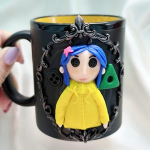 Coraline Mug, Coraline Doll, Polymer Clay Mug, Ceramic Coffee Cups, Mug Handmade, Spooky Mug, Caroline Button Eyes, Gifts Coraline lovers matte black & orange