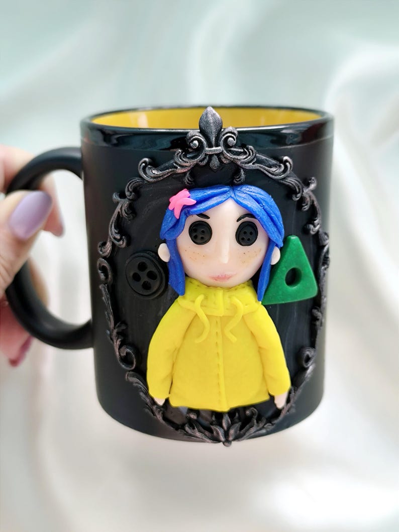 Coraline Mug, Coraline Doll, Polymer Clay Mug, Ceramic Coffee Cups, Mug Handmade, Spooky Mug, Caroline Button Eyes, Gifts Coraline lovers matte black & orange