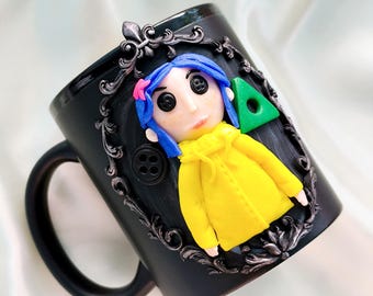 Coraline Mug, Coraline Doll, Polymer Clay Mug, Ceramic Coffee Cups, Mug Handmade, Spooky Mug, Caroline Button Eyes, Gifts  Coraline lovers