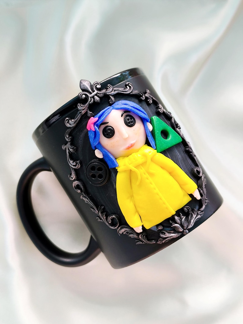 Coraline Mug, Coraline Doll, Polymer Clay Mug, Ceramic Coffee Cups, Mug Handmade, Spooky Mug, Caroline Button Eyes, Gifts Coraline lovers image 1