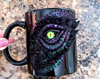 3D Handmade Dragon Eye Mug Gothic Fantasy Black Glitter Scales