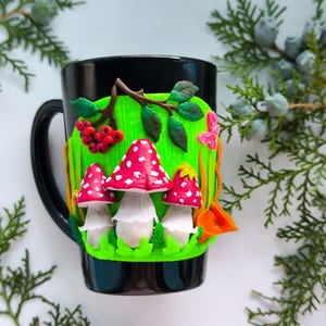 Mushroom mug, Polymer Clay Mug, Ceramic mug handmade, Fall mug, Clay mushroom, gift for daughter, handmade mug, toadstool mug, Clay cup