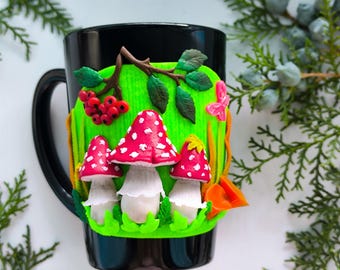 キノコマグカップ、手作り陶器コーヒーカップ、ポリマークレイの毒キノコ装飾