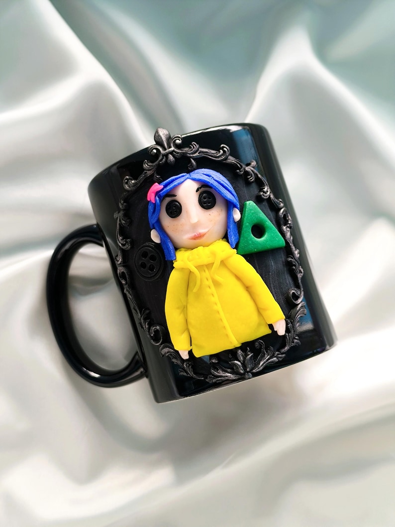 Coraline Mug, Coraline Doll, Polymer Clay Mug, Ceramic Coffee Cups, Mug Handmade, Spooky Mug, Caroline Button Eyes, Gifts Coraline lovers image 4