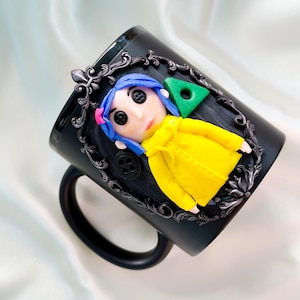 Coraline Mug, Coraline Doll, Polymer Clay Mug, Ceramic Coffee Cups, Mug Handmade, Spooky Mug, Caroline Button Eyes, Gifts Coraline lovers image 6