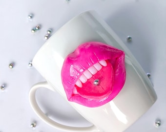 Handmade Kiss Mug, Polymer Clay Red Lips, Funny Gift