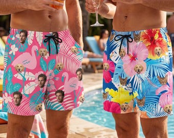 Personalized Face Swim Trunks for Men, Custom Hawaiian Beach Shorts, Funny Novelty Bathing Suit for Dad, Pet Lovers, Vacation