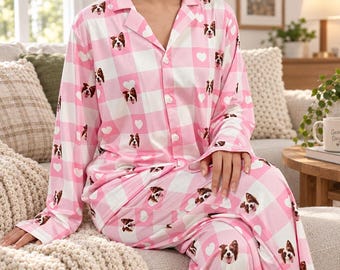 Pyjama met gepersonaliseerde huisdierfoto, pyjamabroek met gezichtje, leuk cadeau voor dierenliefhebbers, unisex pyjamaset, grappige pyjama