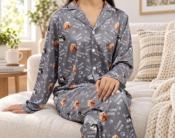 Pyjama's met gepersonaliseerde foto van uw huisdier, pyjamaset met hondengezicht, leuk cadeau voor dierenliefhebbers, bijpassende pyjama's voor het hele gezin met Kerstmis