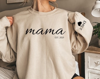 Personalized Mama Sweatshirt, Kid Name Sleeve, Minimalist Mom Gift