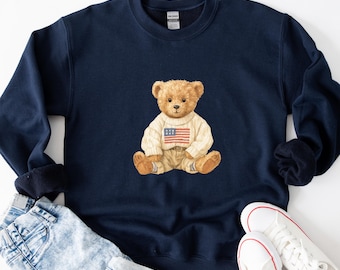 Teddy Bear USA Flag Sweatshirt, Unisex Crewneck Casual Fall Fashion