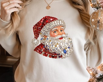 Rhinestone Santa Christmas Sweatshirt, Womens Crewneck