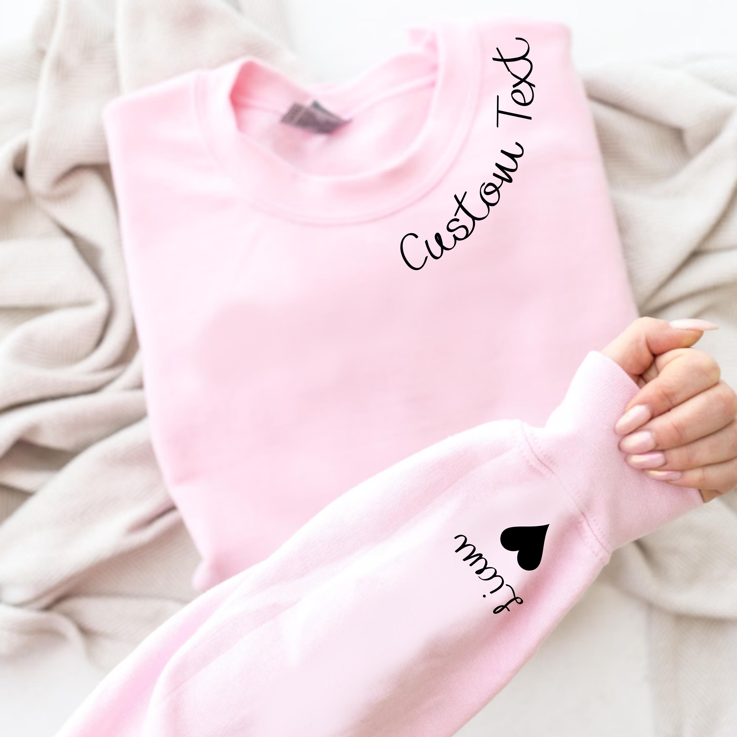 Custom Sweatshirt with Personalized Names on Sleeve, Customizable Hoodie Gift, Unique Neck Text, Initials Crewneck