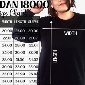 May include: Size chart for Gildan 18000 sweatshirts, showing measurements in inches for width, length, and sleeve length for sizes S to 5XL.