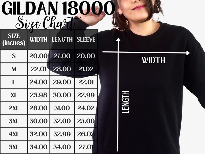 May include: Size chart for Gildan 18000 sweatshirts, showing measurements in inches for width, length, and sleeve length for sizes S to 5XL.