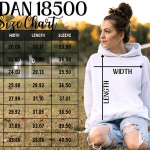 May include: A size chart for Gildan 18500 hoodies, showing measurements in inches for width, length, and sleeve length for sizes S through 5XL.