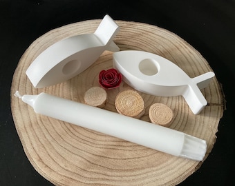 Kerzenständer/Kerzenhalter für Stabkerzen bis 2,2 cm Durchmesser/Fischform/ Weiß/Hochzeit/Taufe/Kommunion/Gastgeschenk/Art.Nr.:SKH-005