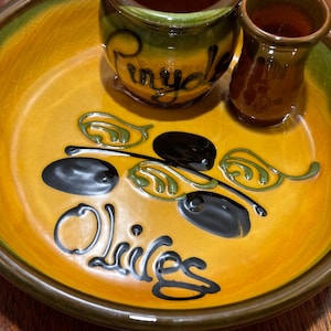 French Provencal Olive Serving Plate Bowl |Green Yellow Glazed Terracotta | Black Olive Branches