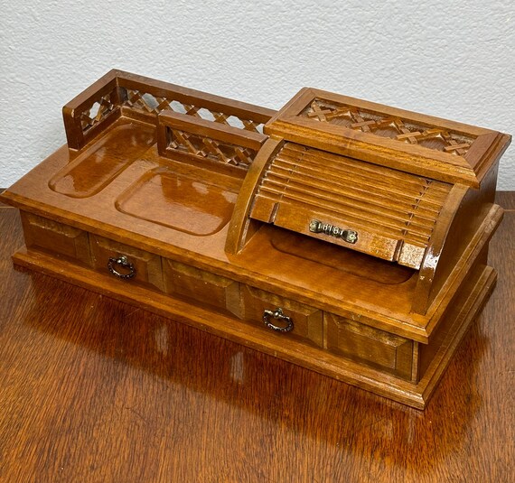 Vintage Jewelry Box | Desktop Organizer | Rolltop | Wooden