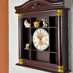 Vintage Wooden Wall Clock | Quartz | Display Shelves For Miniature Figurines | Mahogany Finish |Decorative Columns | Golden Accents |17x13x4