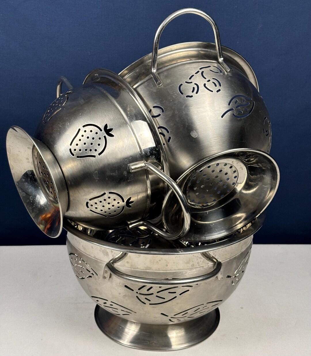 Vintage Stainless Steal Colanders | Fruit | Stawberries | Cherries | Leaves | Set of 3