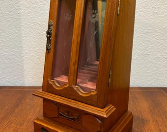 Small Vintage Beautiful Wooden Jewelry Armoire | Etched Glass Door | Mirror | Spinning Hangers