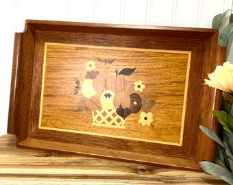 Vintage Fruit Inlay Wood Serving Tray, MARQUETRY Platter, Still Life Home Decor