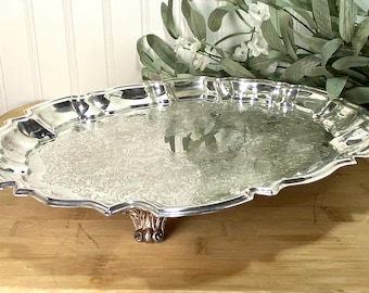 Vintage Footed Silverplate Serving Tray With Engraved Design And Scalloped Edges, Collectible Tableware, EALES 1779 Leonard Silver Platter