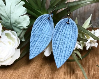 Leather Leaf Earrings, Magnolia Leaf Earrings, Spring Earrings, Petal Earrings, Embossed Knit Leather Earrings, DENIM BLUE