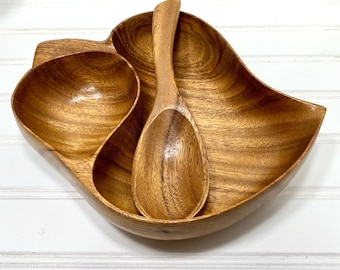 Vintage Monkey Pod Solid Wood Divided Serving Dish And Spoon, By Blair Hawaii