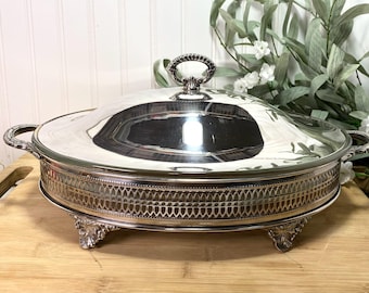 Vintage Silverplate Covered Footed Serving Dish With Lid And Ovenware Glass Insert, 3 Piece Set, Made In USA