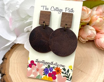 Leather And Wood Earrings, Real Leather Earrings, Genuine Leather, Lightweight Earrings, Small Earrings, Casual Earrings, CHOCOLATE BROWN