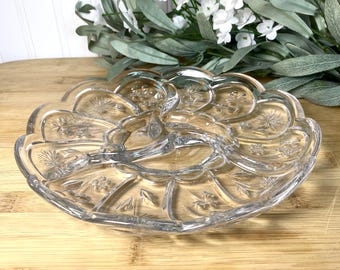 Vintage Crystal Divided Relish Snack Nut Dish, Thistle Flower Serving Tray, FIFTH AVENUE Japan