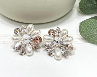 Vintage Pearl & Rhinestone Pierced Earrings, Faux Pearls With Rhinestones Flower Shape Stud Earrings
