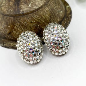 Vintage Richard Kerr Oval Dome Rhinestone Pave Paver Clip On Earrings, Vintage Richard Kerr Earrings, Rhinestone Earrings, Sparkly Earrings