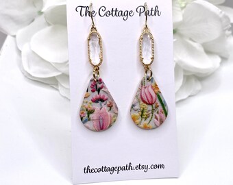 Pink Tulip Flower Leather Earrings, Pink Tulip Earrings, Pink Flower Earrings, Tulip Flower Earrings, Spring Earrings, Leather Earrings