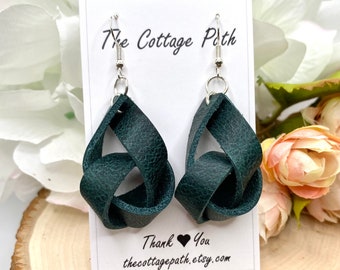 Leather Earrings, Knot Earrings, Leather Knot Earrings, Real Leather Earrings, Infinity Knot Earrings, Leather, EMERALD GREEN Earrings