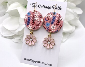 Pink Daisy Leather Flower Earrings, Daisy Leather Earrings, Pink Daisy Earrings, Daisy Flower Earrings, Colorful Earrings, Pops Of Color