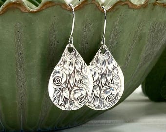 Spoon Earrings, 1937 ROSE & LEAF Silverware Earrings, Spoon Jewelry, Flatware Earrings, Upcycled Vintage Silverware Spoon Jewelry Earrings