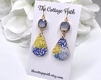 Dahlia Leather Earrings, Dahlia Flower Earrings, Blue And Yellow Dahlia Earrings, Leather Earrings, Spring Earrings, Colorful Earrings