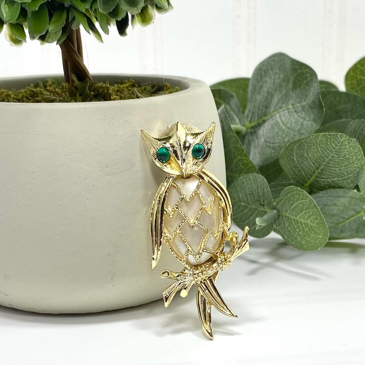 Vintage OWL BROOCH, Owl Pin, Featuring Emerald Green Eyes & Pearlized Belly