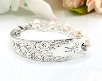 Spoon Bracelet, 1937 ROSE & LEAF, Silverware Bracelet, Personalized Spoon Jewelry Initial Bracelet