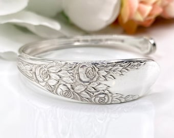 Spoon Bracelet, 1937 ROSE & LEAF, Silver Cuff Bracelet, Silver Bracelet Cuff, Silver Floral Cuff Bracelet, Silverware Bracelet, Flower Cuff