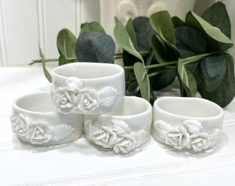 Vintage Rose Porcelain Napkin Rings, Shabby Chic Cottagecore, Set Of 4