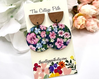 Leather Flower Earrings, Floral Earrings, Leather Earrings, Leather And Wood Earrings, Pink And Blue Floral Earrings, Colorful Earrings