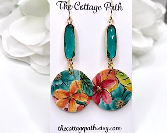 Tropical Flower Leather Earrings, Floral Leather Earrings, Daisy Flower Earrings, Spring Earrings, Leather Earrings, Leather Floral Earrings