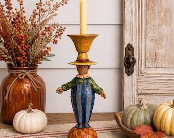 Vintage 2007 Jim Shore Heartwood Creek Scarecrow Candle Holder, Fall Candlestick Centerpiece